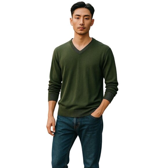 L.L. Bean Mens Vintage Cashmere Blend V Neck Sweater Green Size L Preppy Fall - Picture 1 of 11